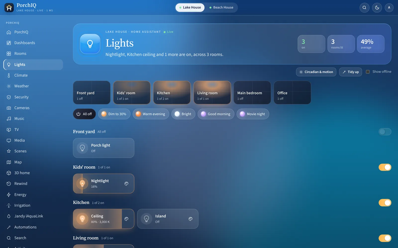 PorchIQ Lights screen on a computer