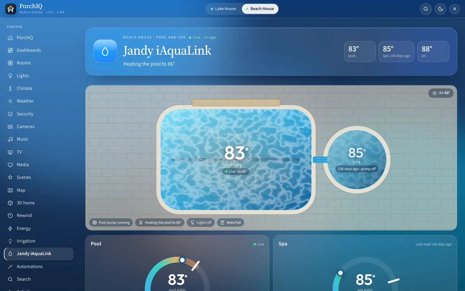 PorchIQ Pool & spa screen on a computer