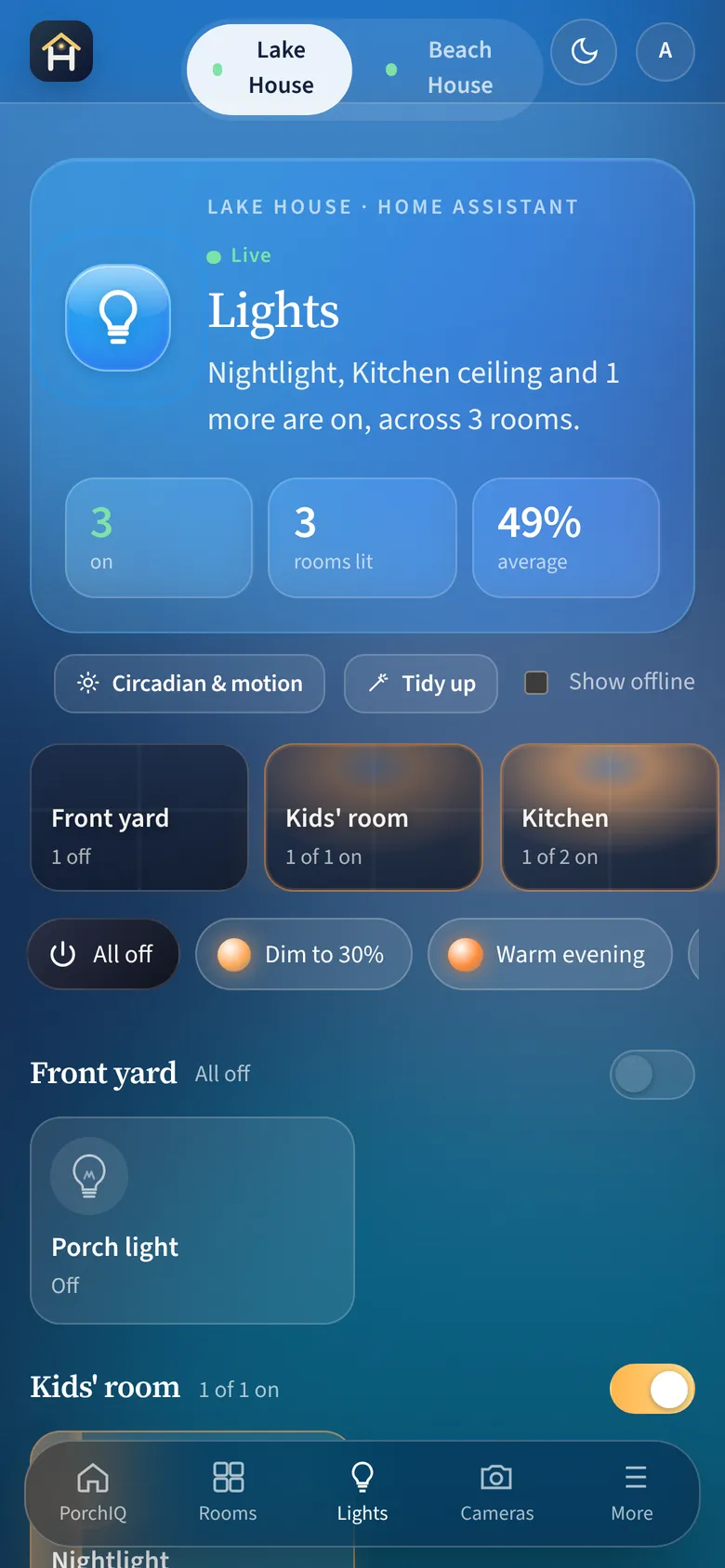 PorchIQ Lights screen on a phone